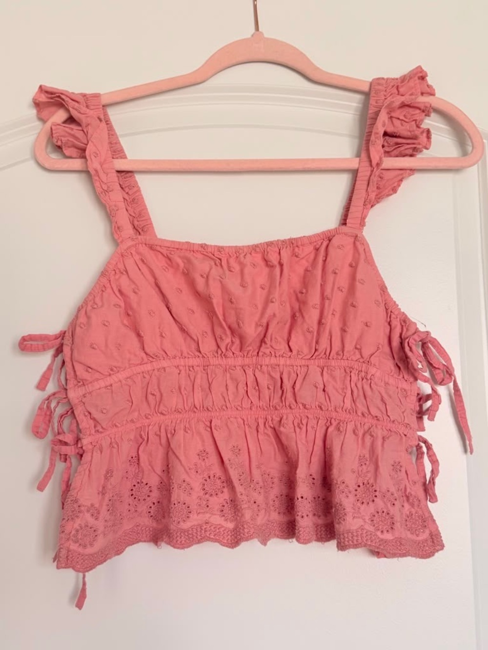 Forever 21 Coral Pink Eyelet Ruffle Tie Crop Top